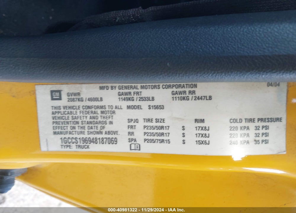 2004 CHEVROLET COLORADO LS VIN: 1GCCS196948187069