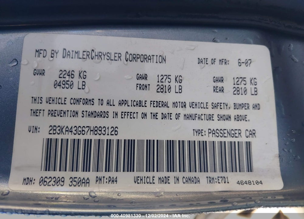 2007 DODGE CHARGER VIN: 2B3KA43G67H893126