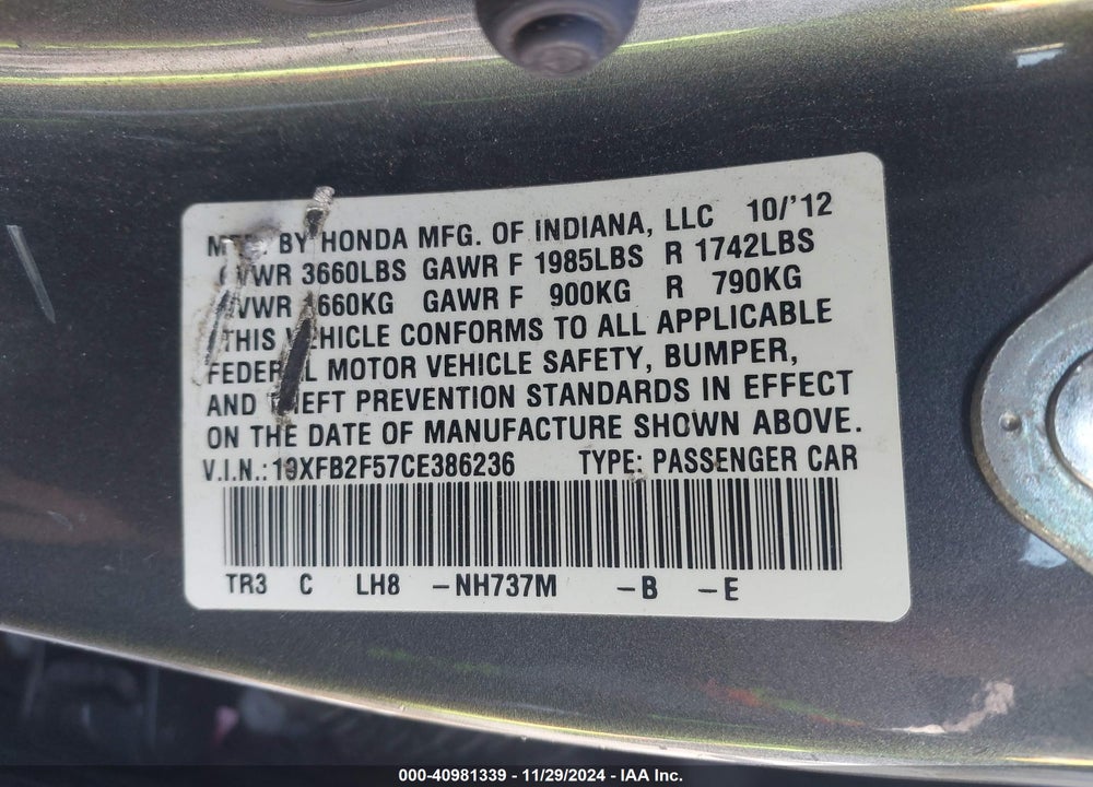 2012 HONDA CIVIC LX VIN: 19XFB2F57CE386236