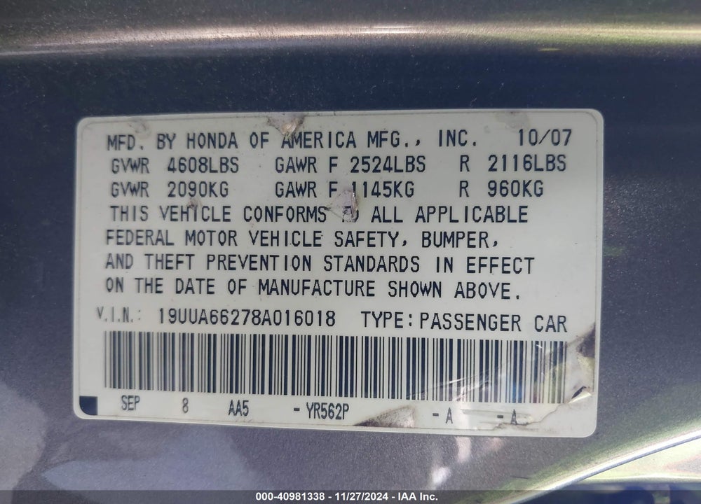 2008 ACURA TL 3.2 VIN: 19UUA66278A016018