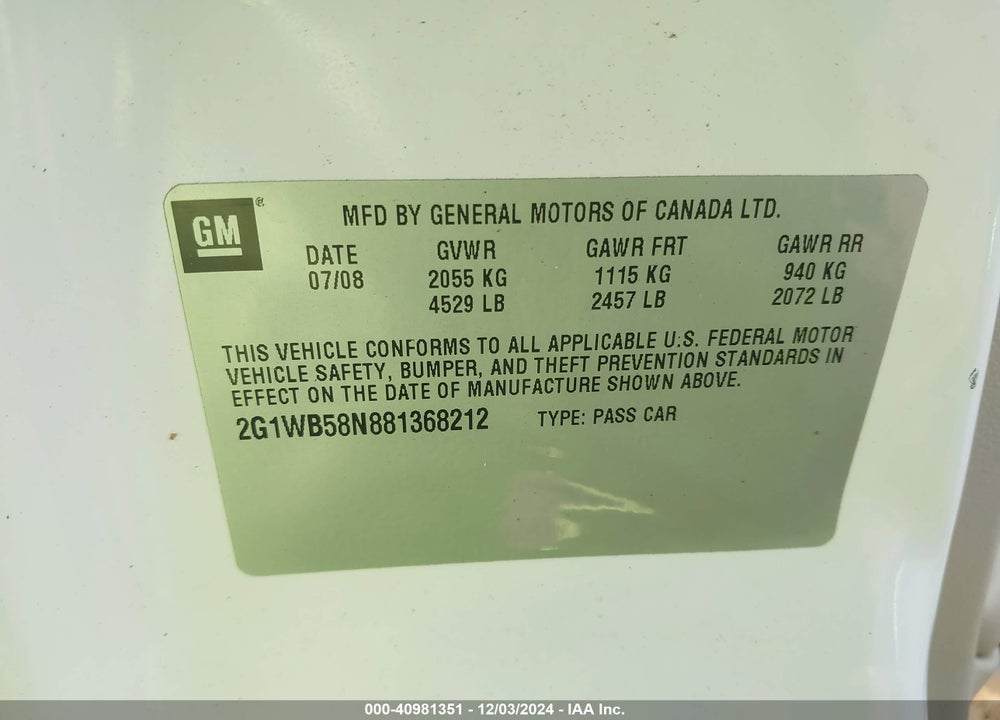2008 CHEVROLET IMPALA LS VIN: 2G1WB58N881368212