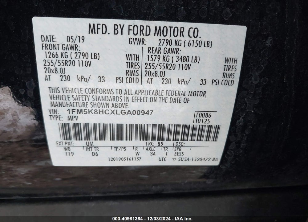 2020 FORD EXPLORER PLATINUM VIN: 1FM5K8HCXLGA00947