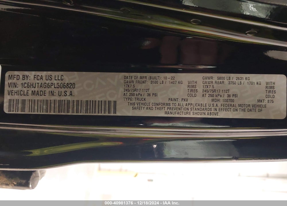 2023 JEEP GLADIATOR SPORT S 4X4 VIN: 1C6HJTAG6PL506820