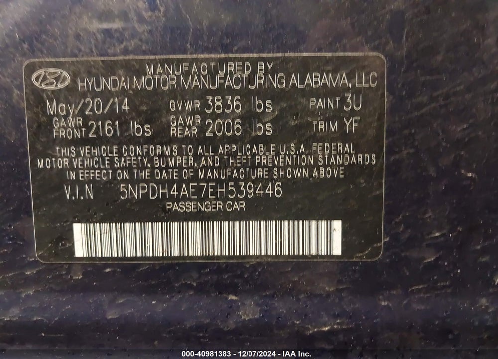 2014 HYUNDAI ELANTRA SE VIN: 5NPDH4AE7EH539446