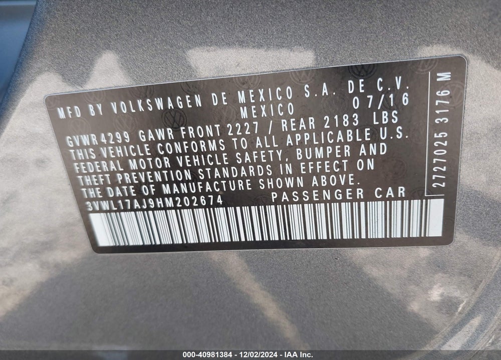 2017 VOLKSWAGEN JETTA VIN: 3VWL17AJ9HM202674