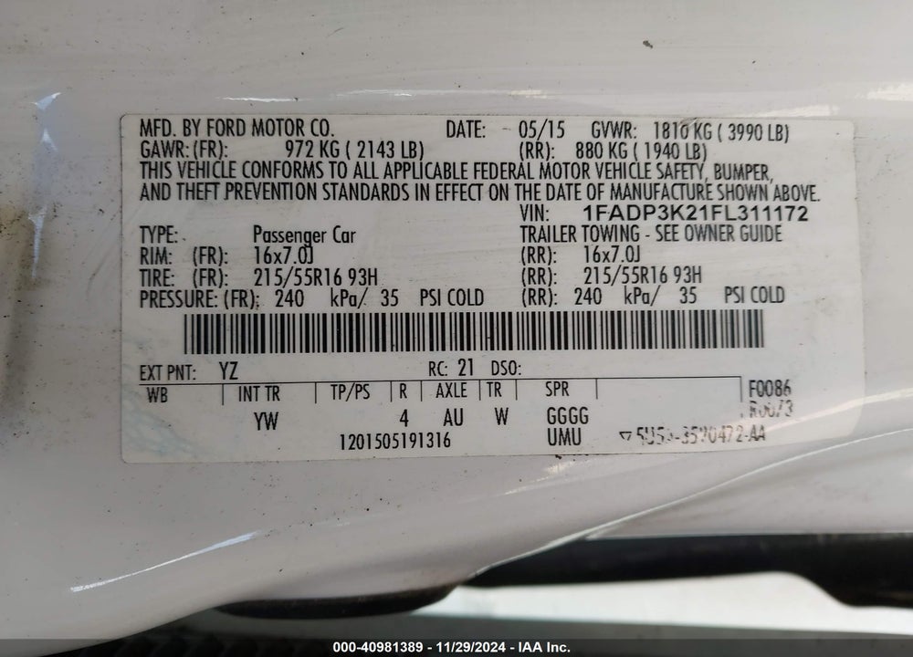 2015 FORD FOCUS SE VIN: 1FADP3K21FL311172