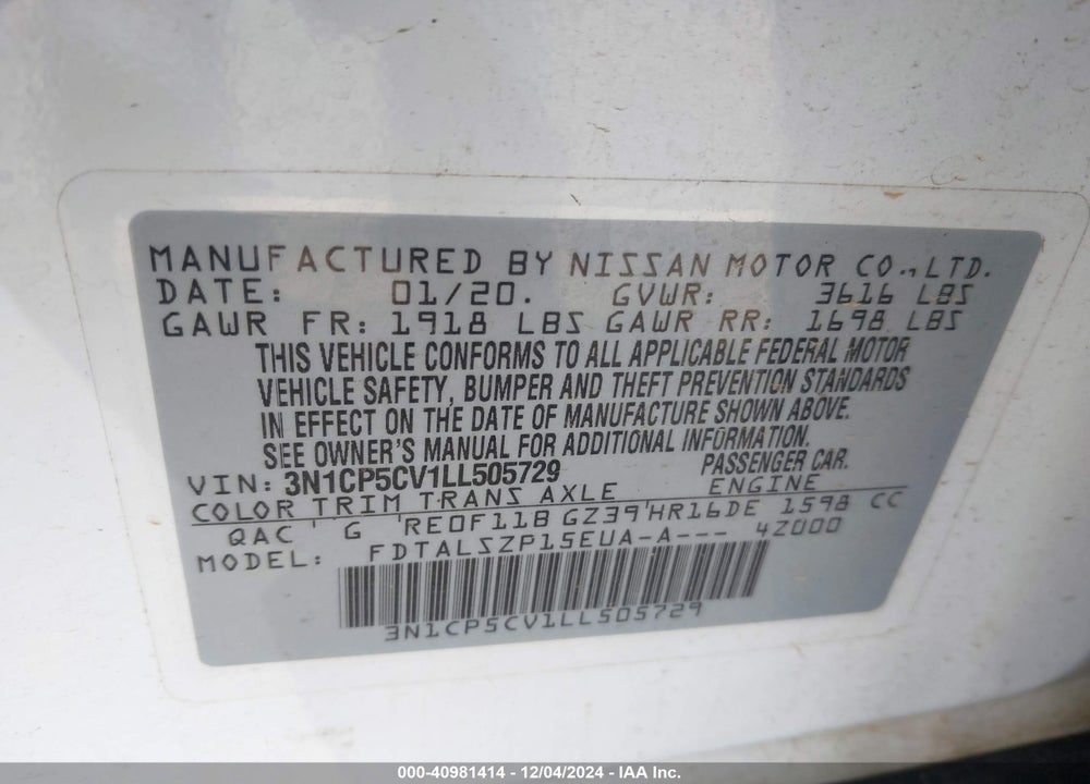 2020 NISSAN KICKS SV XTRONIC CVT VIN: 3N1CP5CV1LL505729