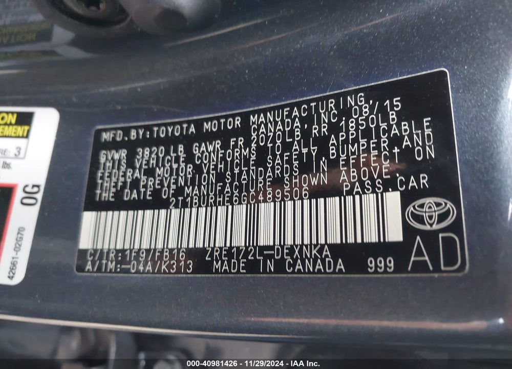 2016 TOYOTA COROLLA LE VIN: 2T1BURHE6GC489506