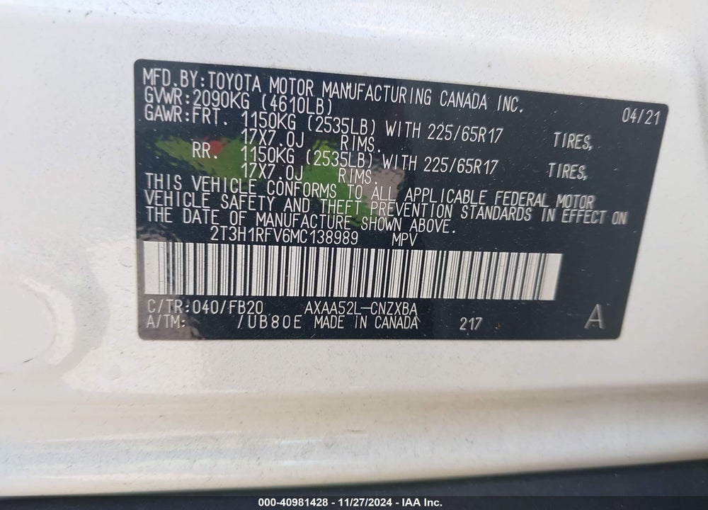 2021 TOYOTA RAV4 LE VIN: 2T3H1RFV6MC138989