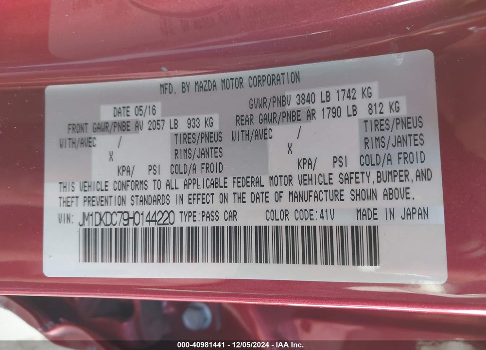2017 MAZDA CX-3 TOURING VIN: JM1DKDC79H0144220