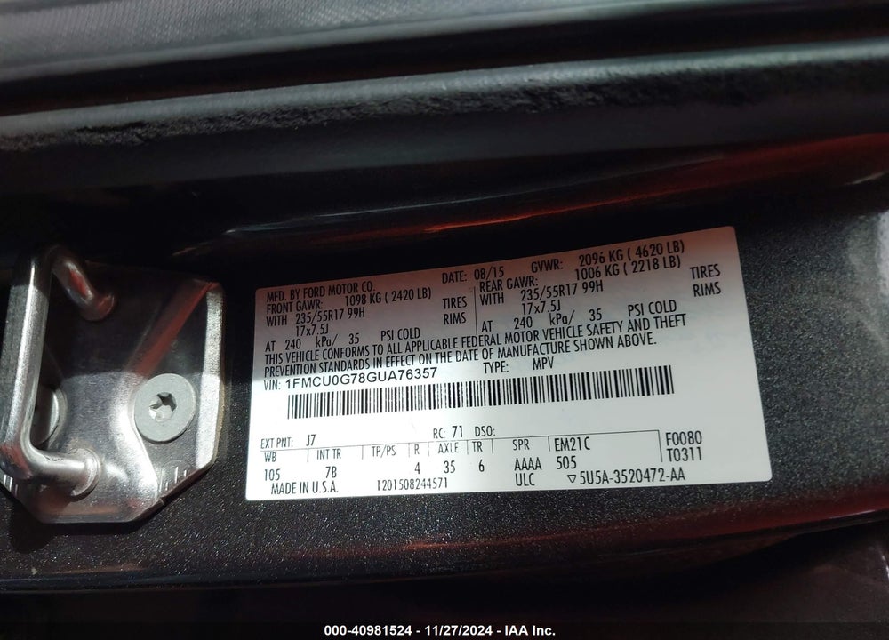 2016 FORD ESCAPE SE VIN: 1FMCU0G78GUA76357