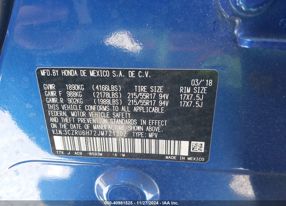 2018 HONDA HR-V EX-L VIN: 3CZRU6H72JM721302