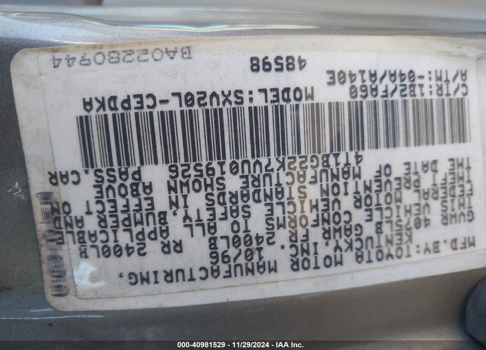 1997 TOYOTA CAMRY LE V6 VIN: 4T1BF22K3VU034785