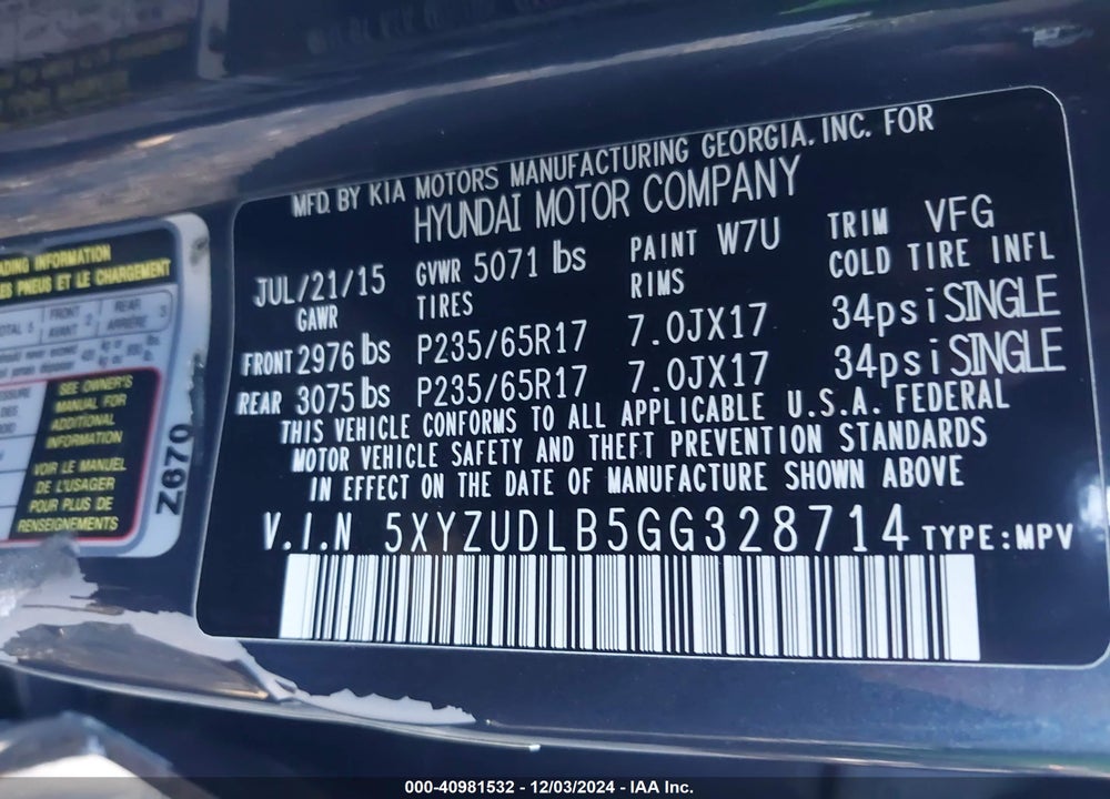 2016 HYUNDAI SANTA FE SPORT 2.4L VIN: 5XYZUDLB5GG328714