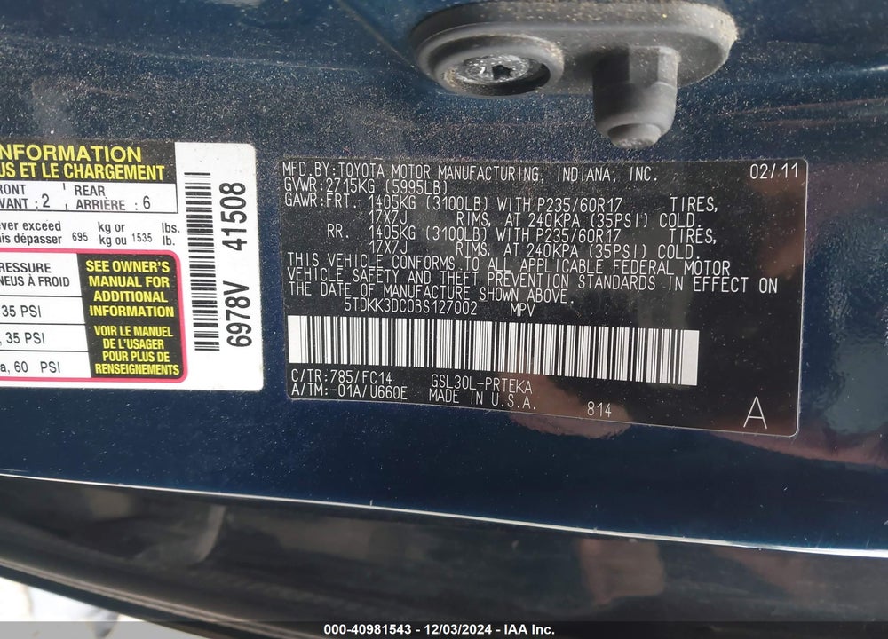 2011 TOYOTA SIENNA LE V6 VIN: 5TDKK3DC0BS127002