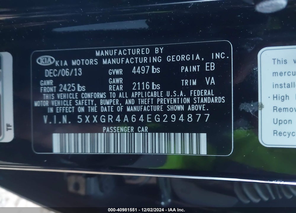 2014 KIA OPTIMA VIN: 5XXGR4A64EG294877
