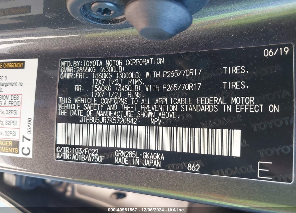 2019 TOYOTA 4RUNNER TRD OFF ROAD VIN: JTEBU5JR7K5720842