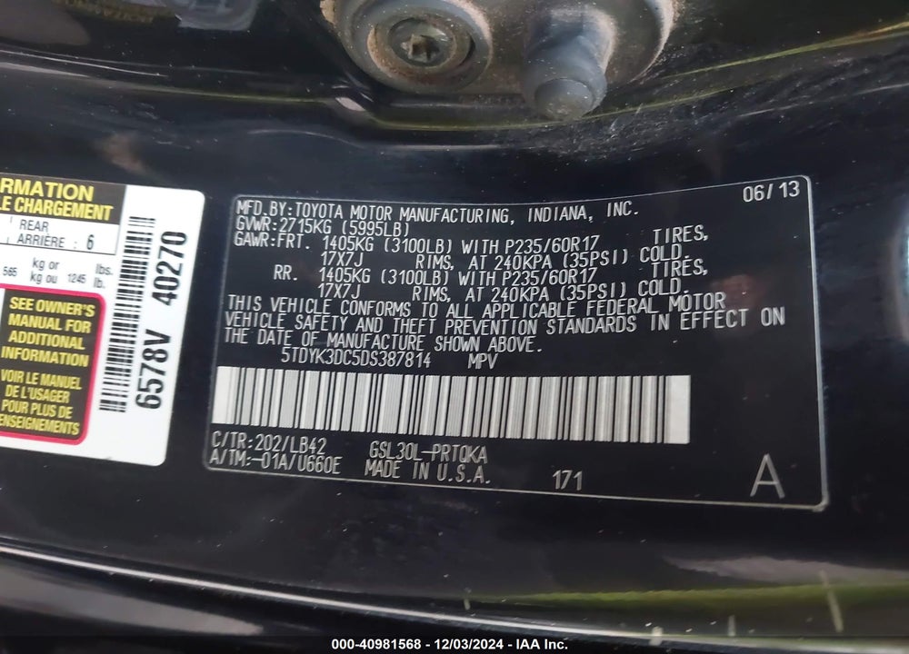 2013 TOYOTA SIENNA XLE V6 8 PASSENGER VIN: 5TDYK3DC5DS387814