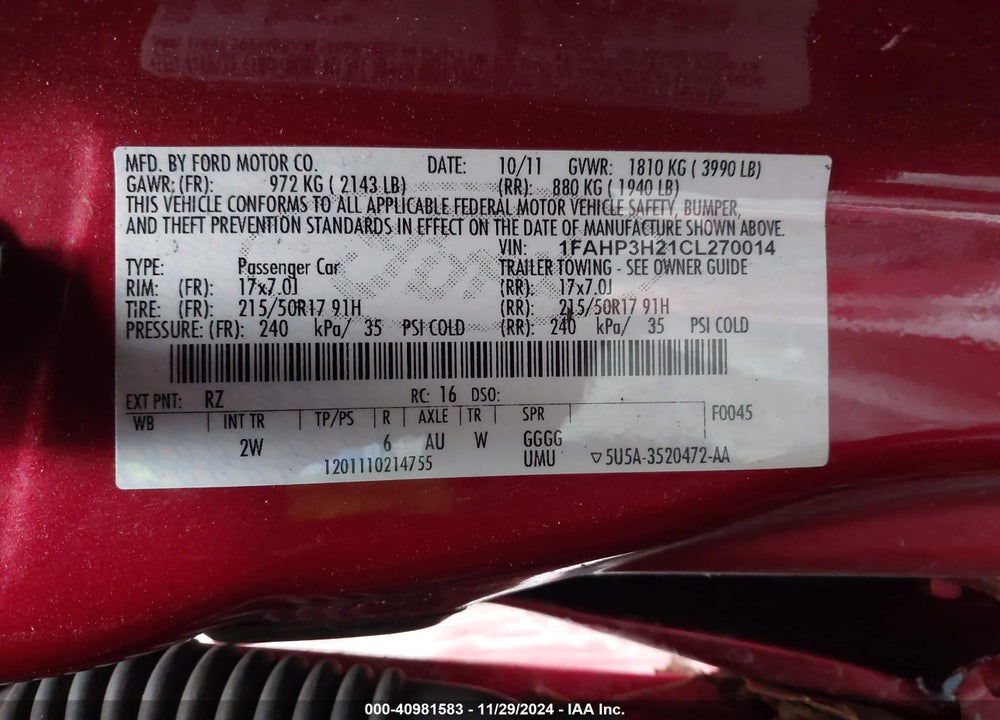 2012 FORD FOCUS SEL VIN: 1FAHP3H21CL270014