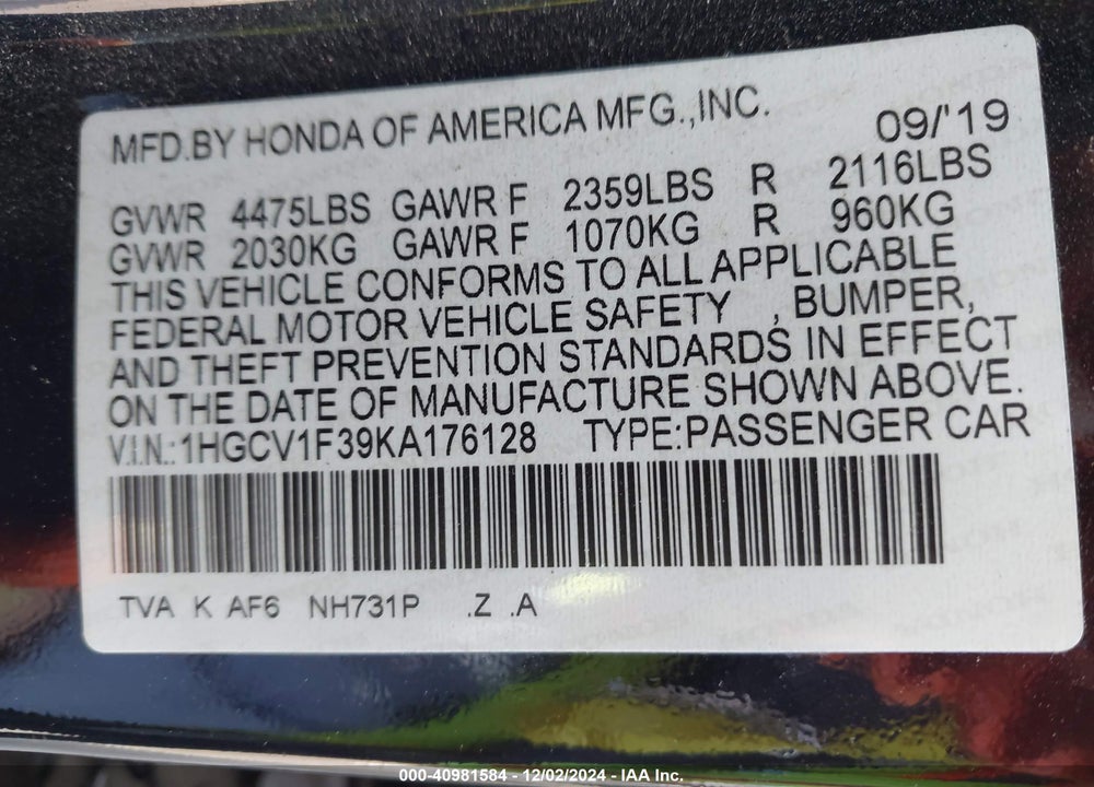 2019 HONDA ACCORD VIN: 1HGCV1F39KA176128