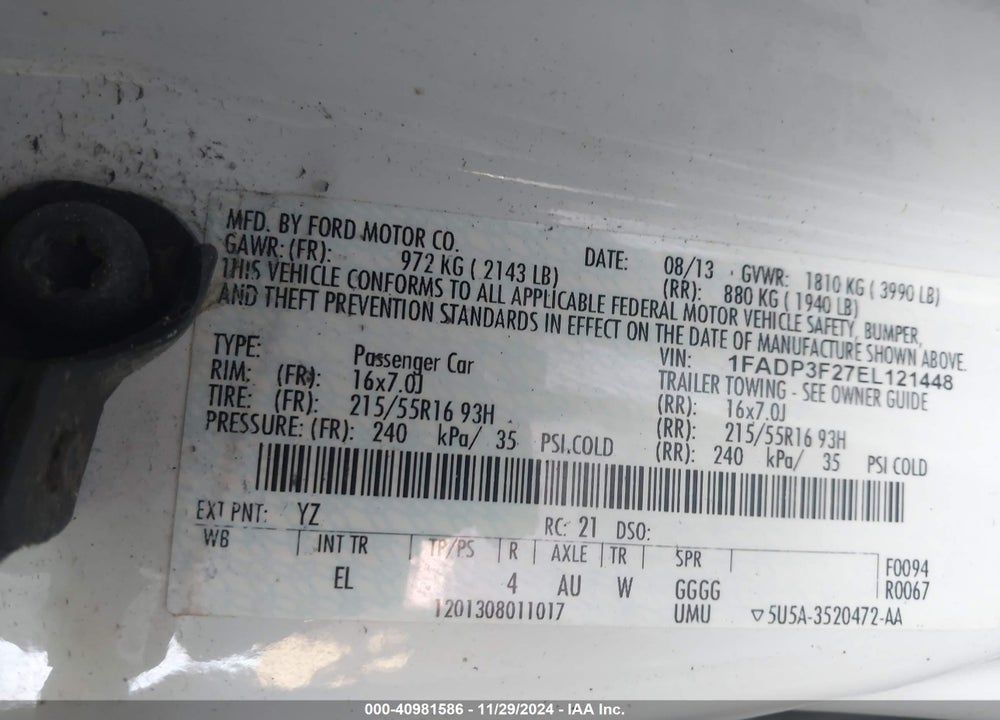 2014 FORD FOCUS SE VIN: 1FADP3F27EL121448