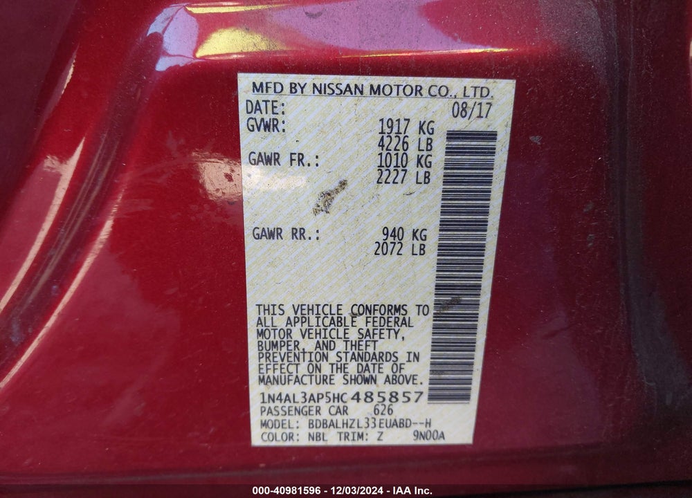 2017 NISSAN ALTIMA 2.5 SR VIN: 1N4AL3AP5HC485857
