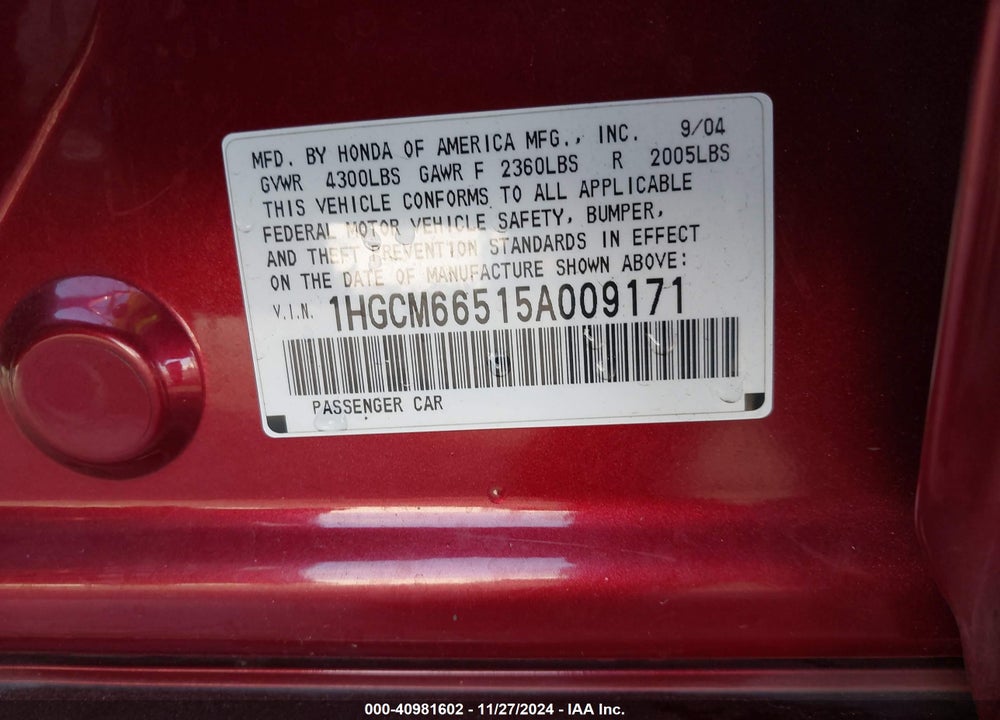 2005 HONDA ACCORD 3.0 EX VIN: 1HGCM66515A009171