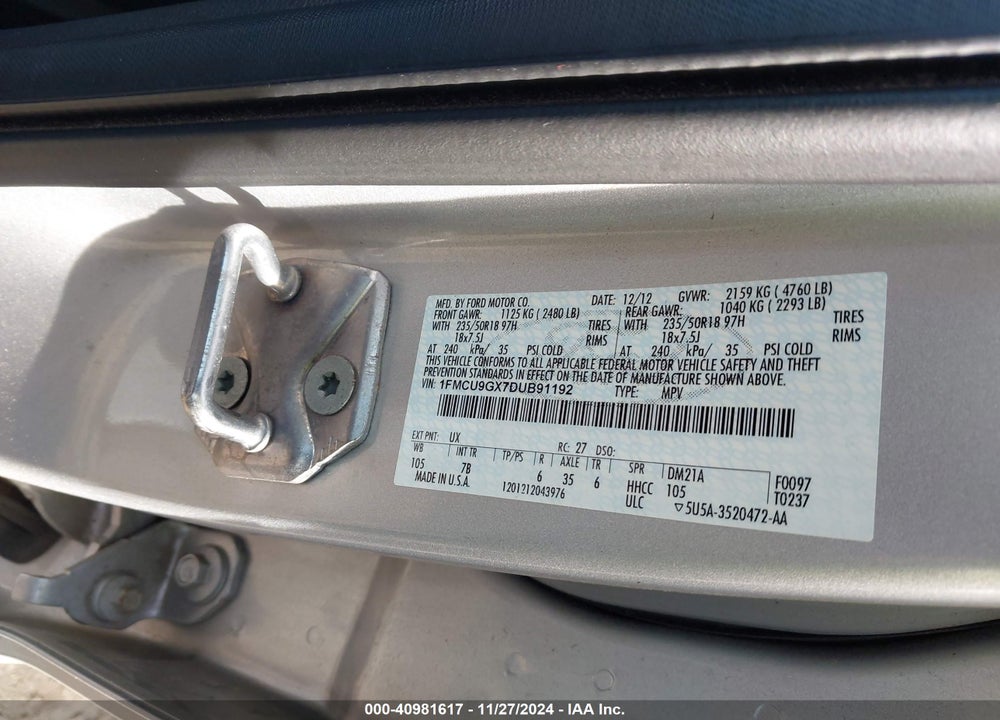 2013 FORD ESCAPE SE VIN: 1FMCU9GX7DUB91192
