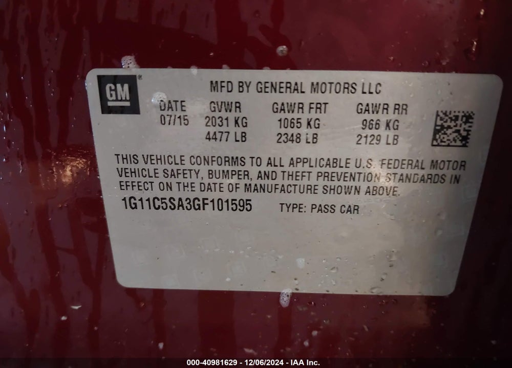 2016 CHEVROLET MALIBU LIMITED VIN: 1G11C5SA3GF101595