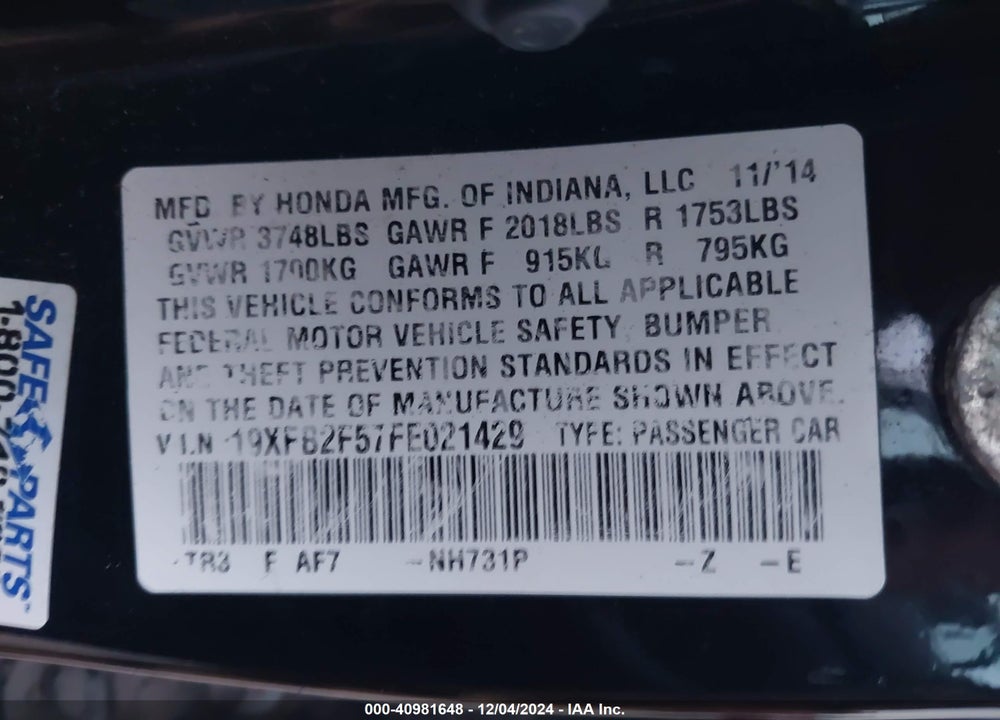 2015 HONDA CIVIC LX VIN: 19XFB2F57FE021429