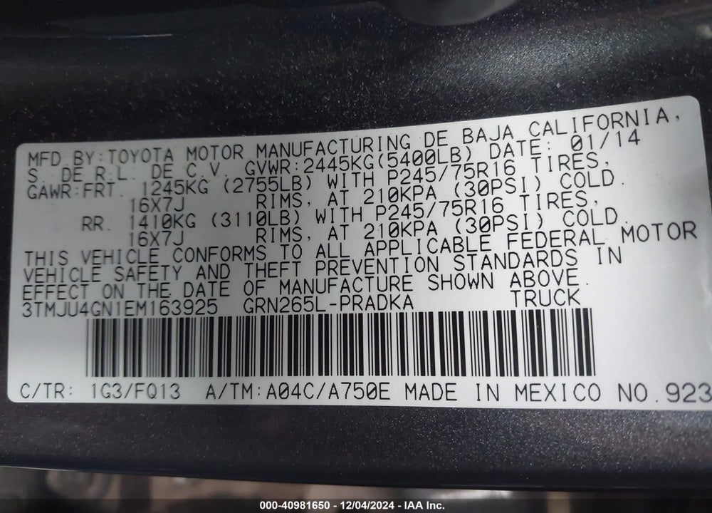 2014 TOYOTA TACOMA PRERUNNER V6 VIN: 3TMJU4GN1EM163925