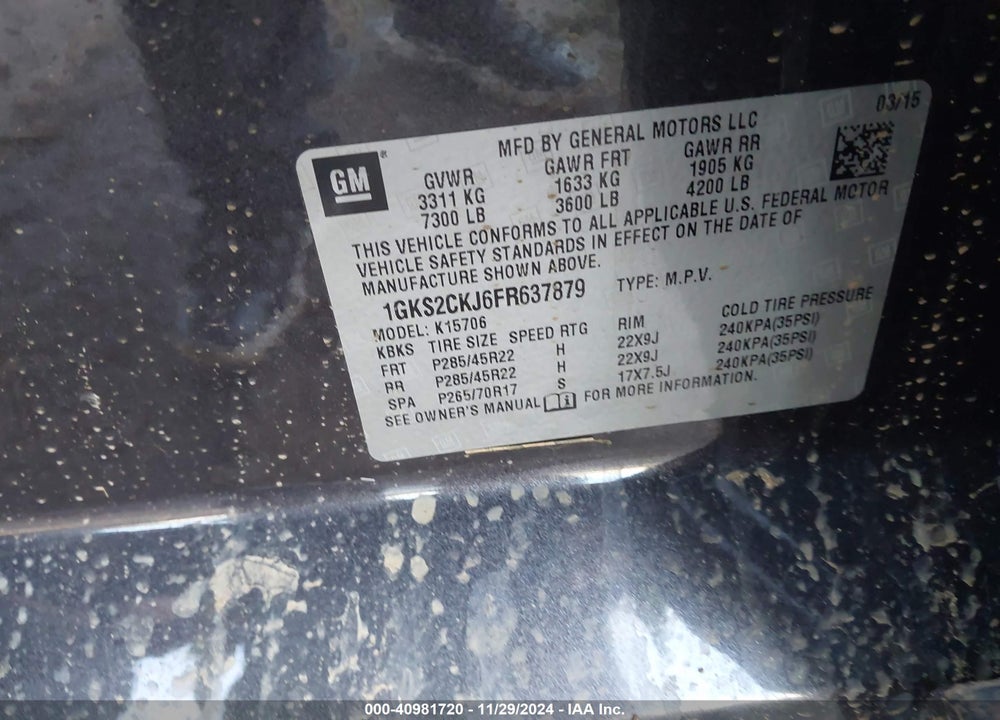 2015 GMC YUKON DENALI VIN: 1GKS2CKJ6FR637879