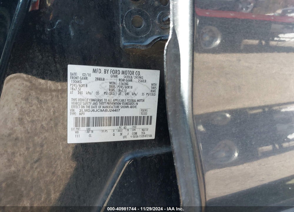 2010 LINCOLN MKX VIN: 2LMDJ6JC9ABJ24407