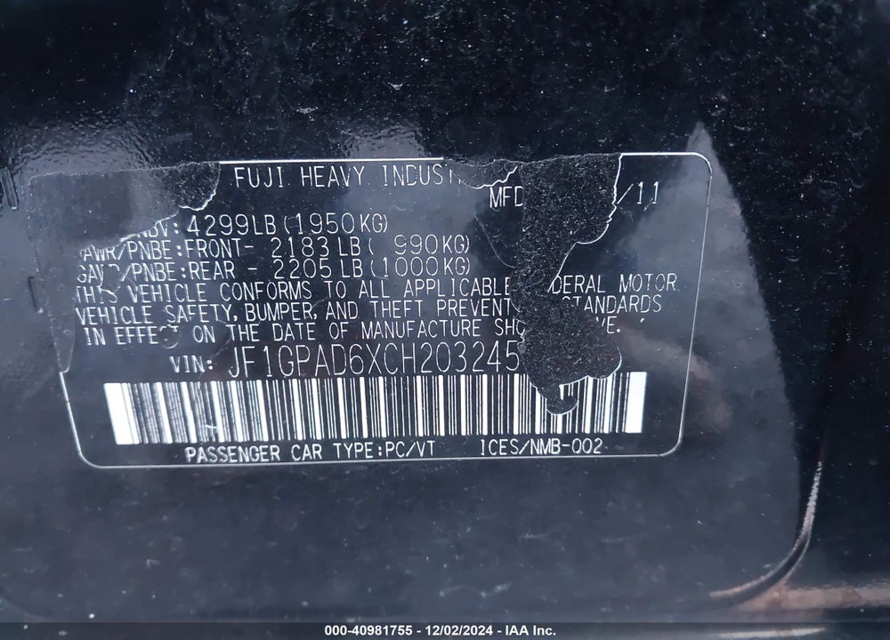 2012 SUBARU IMPREZA 2.0I PREMIUM VIN: JF1GPAD6XCH203245
