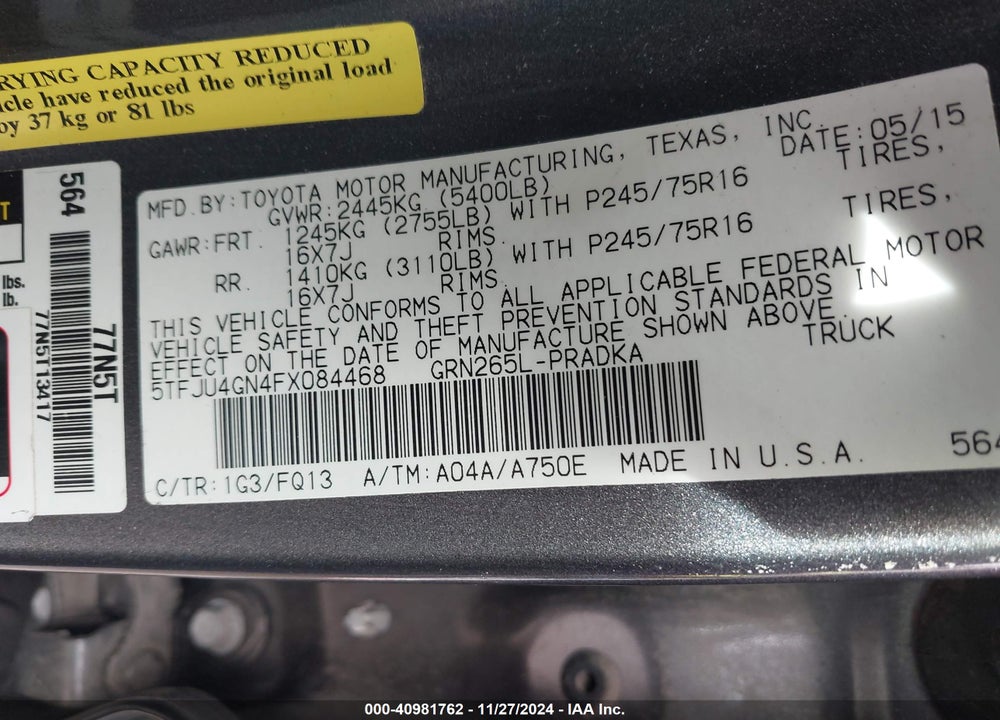 2015 TOYOTA TACOMA PRERUNNER V6 VIN: 5TFJU4GN4FX084468