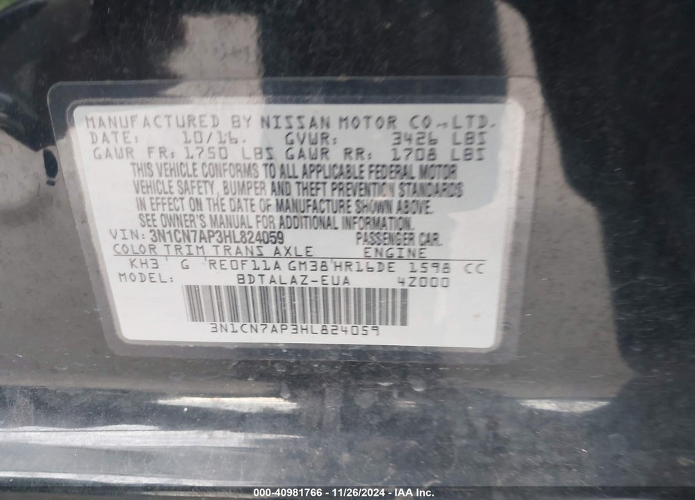 2017 NISSAN VERSA 1.6 S+ VIN: 3N1CN7AP3HL824059