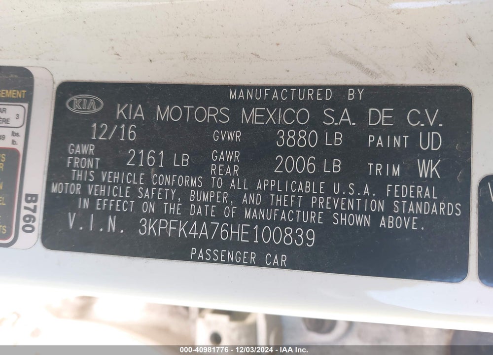 2017 KIA FORTE LX VIN: 3KPFK4A76HE100839