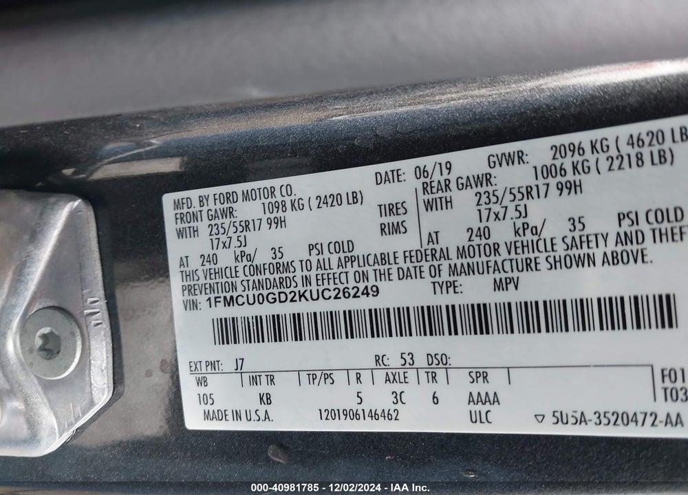 2019 FORD ESCAPE SE VIN: 1FMCU0GD2KUC26249