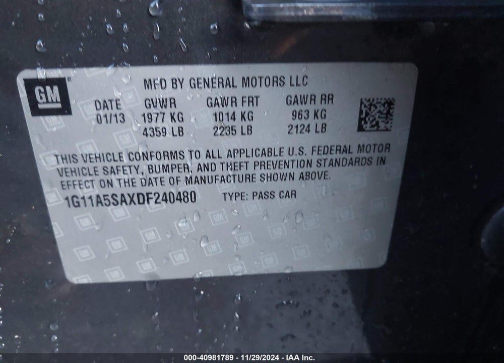 2013 CHEVROLET MALIBU 1FL VIN: 1G11A5SAXDF240480