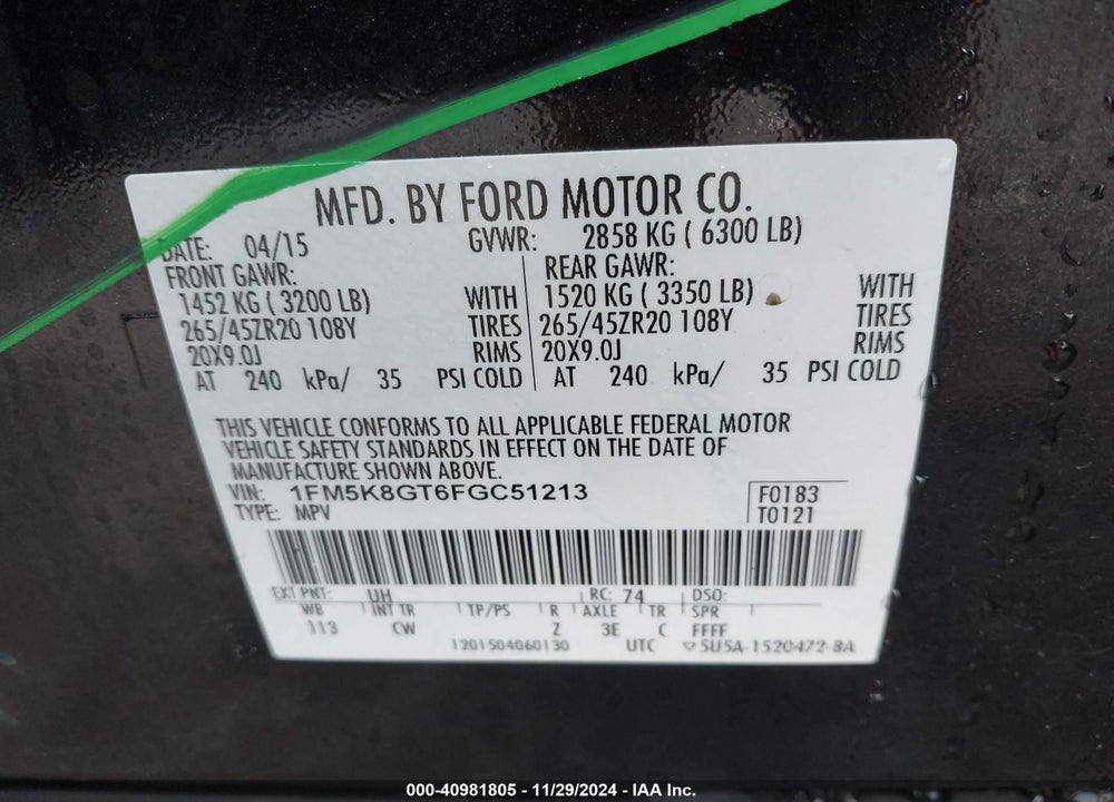 2015 FORD EXPLORER SPORT VIN: 1FM5K8GT6FGC51213