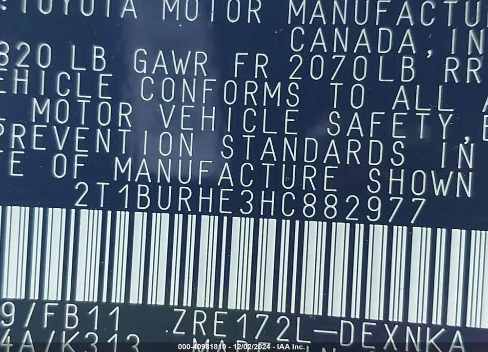 2017 TOYOTA COROLLA LE VIN: 2T1BURHE3HC882977