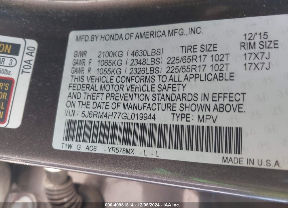 2016 HONDA CR-V EX-L VIN: 5J6RM4H77GL019944