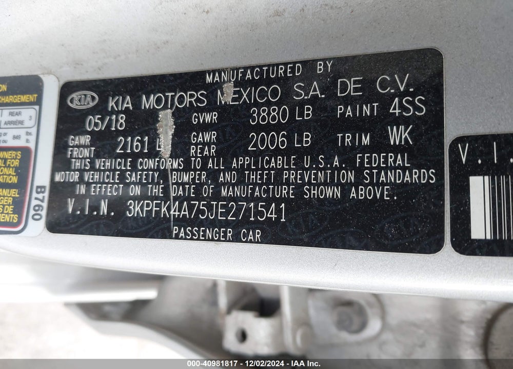 2018 KIA FORTE LX VIN: 3KPFK4A75JE271541