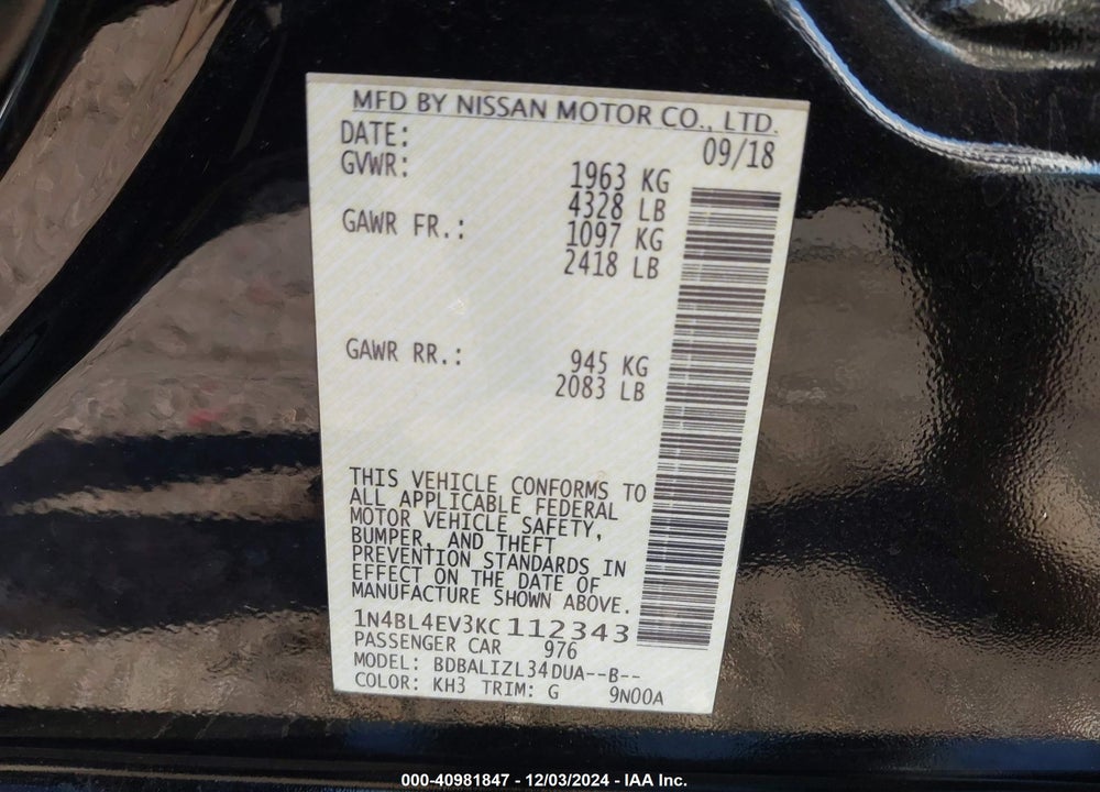 2019 NISSAN ALTIMA 2.5 SL VIN: 1N4BL4EV3KC112343