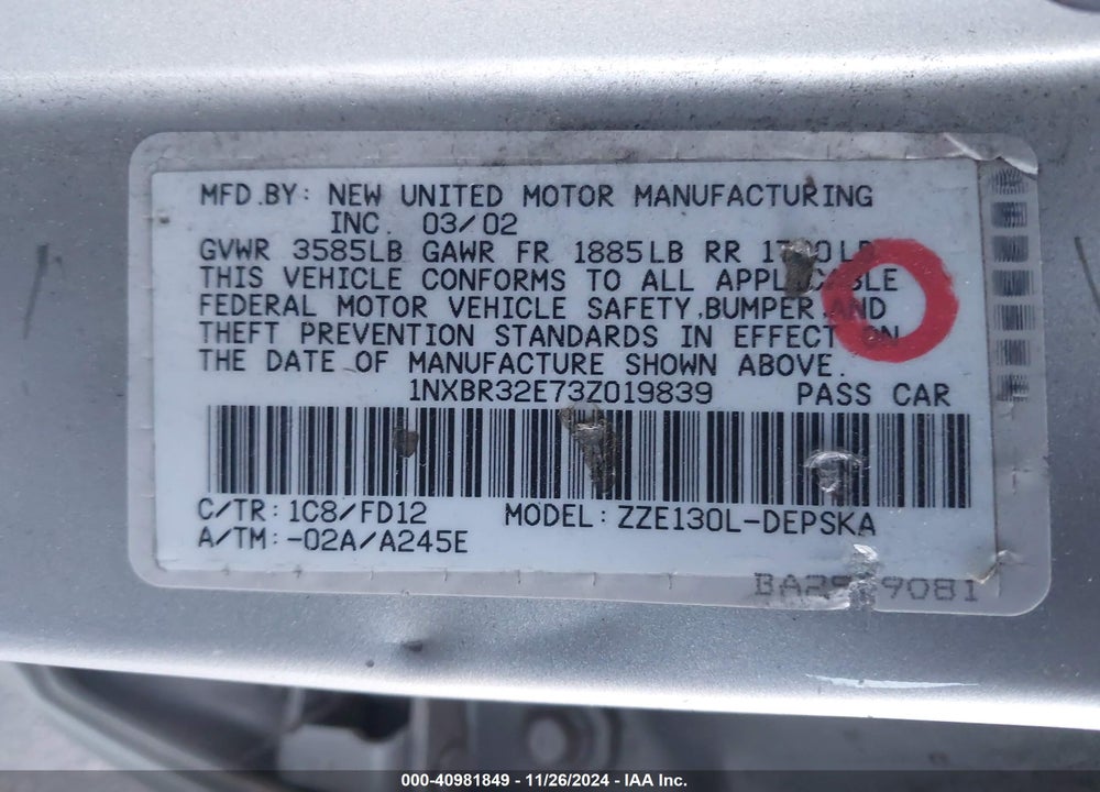 2003 TOYOTA COROLLA S VIN: 1NXBR32E73Z019839
