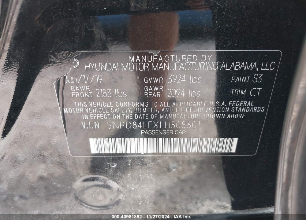 2020 HYUNDAI ELANTRA VIN: 5NPD84LFXLH508601