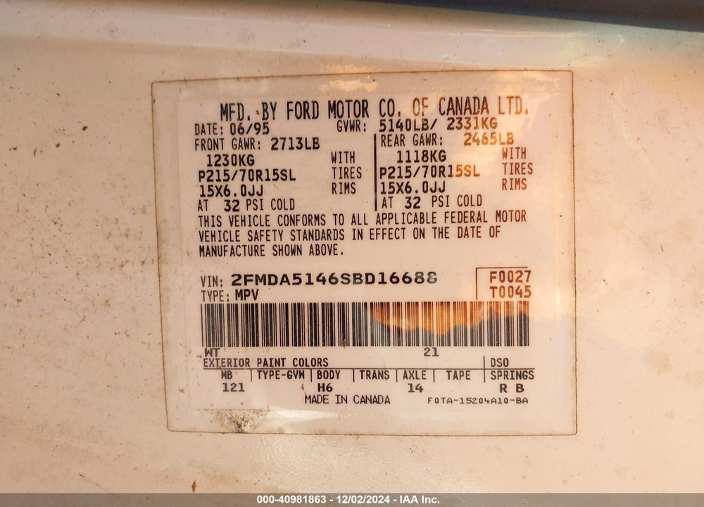 1995 FORD WINDSTAR WAGON VIN: 2FMDA5146SBD16688