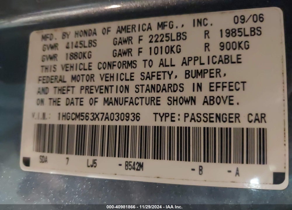 2007 HONDA ACCORD 2.4 SE VIN: 1HGCM563X7A030936