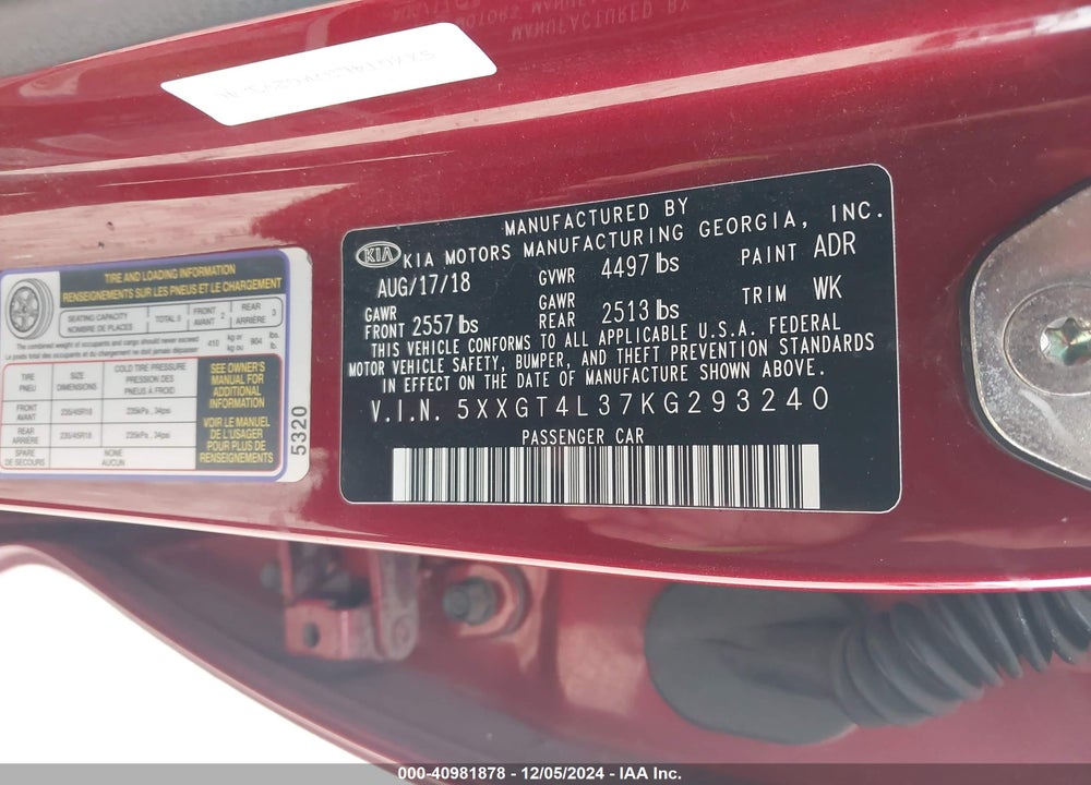 2019 KIA OPTIMA S VIN: 5XXGT4L37KG293240