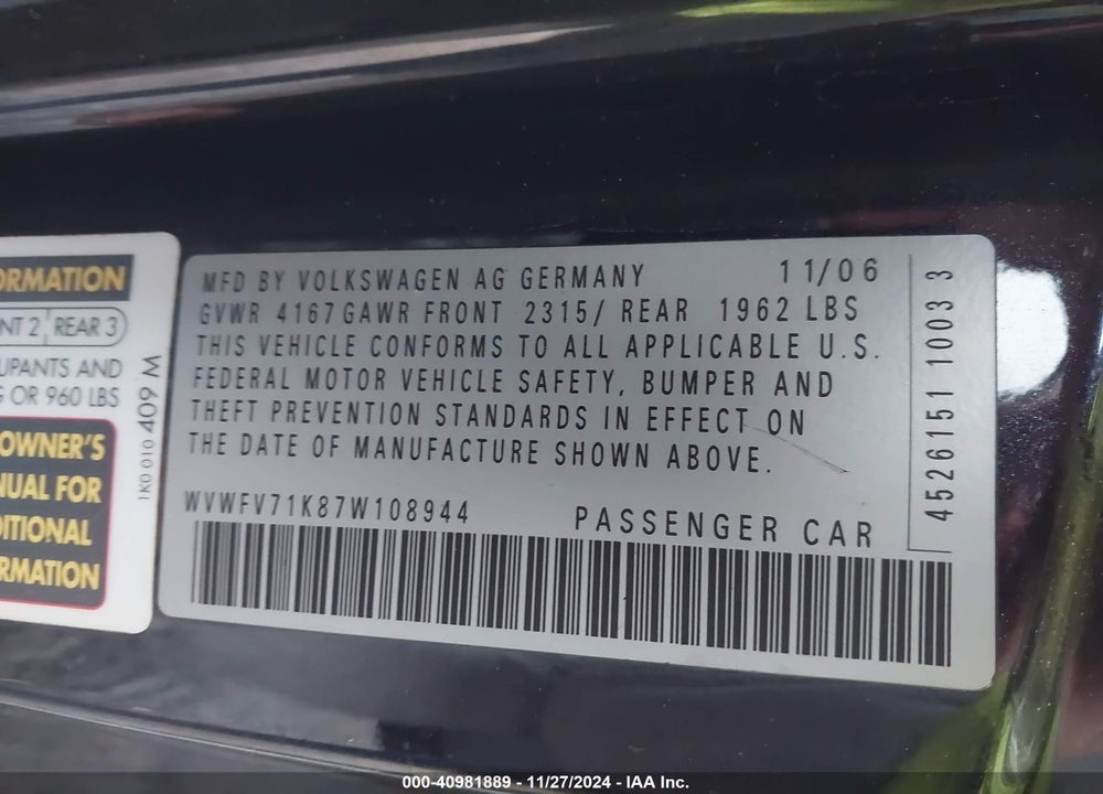 2007 VOLKSWAGEN GTI 2-DOOR VIN: WVWFV71K87W108944